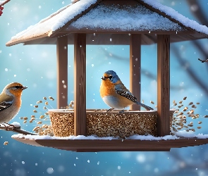 Ptaki, Grafika, Zima, Karmnik, Kolorowe