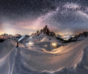 Włochy, Chmury, Droga Mleczna, Belluno, Góry, Przełęcz Giau Pass, Góra Ra Gusela, Dolomity, Zima, Gwiazdy