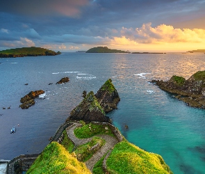 Skały, Morze, Hrabstwo Kerry, Irlandia, Dunquin Pier, Zachód słońca