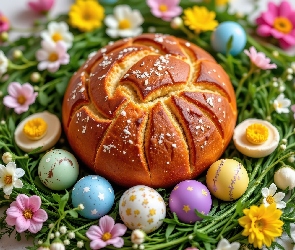 Pisanki, Wielkanoc, Kwiaty, Jajka, Chleb