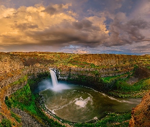 Skały, Waszyngton, Palouse River, Stany Zjednoczone, Stan, Rzeka, Chmury, Wodospad, Palouse Falls