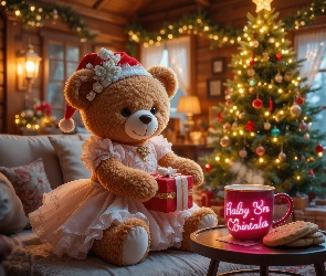 Grafika AI, Boże Narodzenie, Sukienka, Miś, Prezent, Choinka