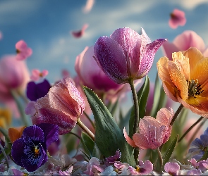 Kwiaty, Grafika AI, Bratki, Tulipany, Kolorowe