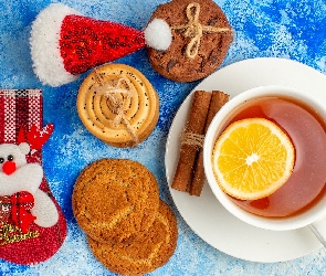 Świąteczne, Czapka, Filiżanka, Herbata, Ciasteczka, Skarpeta