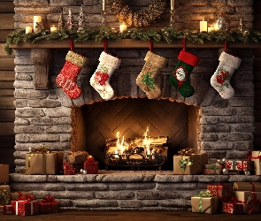 Kominek, Grafika AI, Choinka, Prezenty, Boże Narodzenie