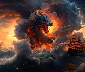 Fantasy, Smok, Żaglowiec, Morze, Chmury, Ogień