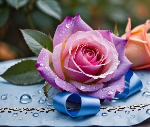 Grafika, Wstążka, Róża, Purpurowa, Kwiat, Krople