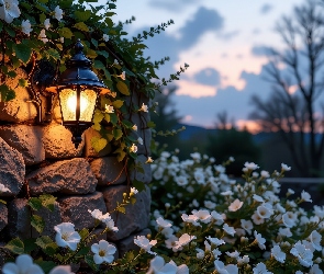 Latarnia, Drzewa, Kwiaty, Białe, Mur