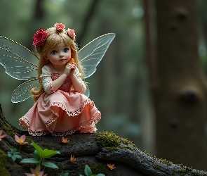 Grafika AI, Drzewo, Mała, Lalka, Wróżka, Skrzydła