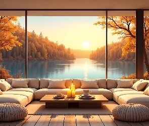 Kanapa, Pokój, Jezioro, Jesień, Drzewa, Okno