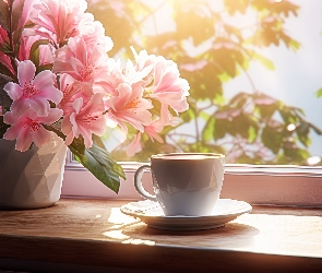 Grafika, Okno, Kwiaty, Azalia, Bukiet, Filiżanka