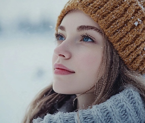 Śnieg, Szal, Kobieta, Długowłosa, Brązowa, Czapka