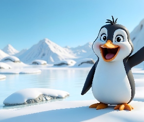 AI, Zima, Wesoły, Pingwin, Góry, Ośnieżone