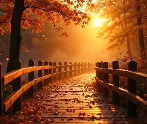 Drzewa, Mgła, Zachód słońca, Most, Jesień