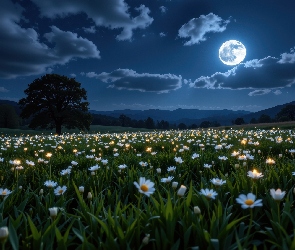 Białe, Noc, Księżyc, Kwiaty, Łąka