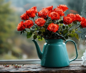 Róże, Okno, Parapet, Czajnik, Kwiaty