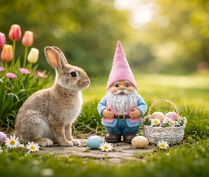 Pisanki, Koszyk, Zając, Wielkanoc, Krasnal, Tulipany