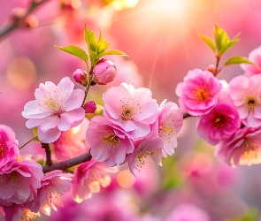 Listki, Kwiaty, Wiśnia, Drzewo owocowe, Gałązka, Różowe