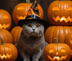 Kot, Grafika AI, Dynie, Kapelusz, Halloween