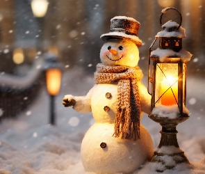 Szalik, Kapelusz, Bałwan, Zima, Lampa, Śnieg