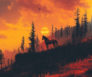 Drzewa, Grafika, Zachód słońca, Skarpa, Koń