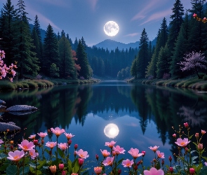Odbicie, Drzewa, Jezioro, Góry, Kwiaty, Księżyc