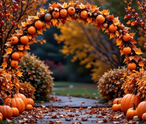 Grafika AI, Jesień, Łuk, Dynie, Liście, Krzewy