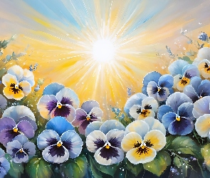 Grafika, Słońce, Żółte, Bratki, Niebieskie, Kwiaty