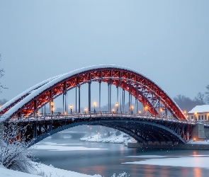 Łukowy, Zima, Rzeka, Latarnie, Most