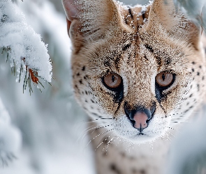 Głowa, Grafika AI, Gałązki, Śnieg, Serwal