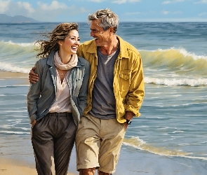 Plaża, Morze, Kobieta, Mężczyzna, Para, Wakacje