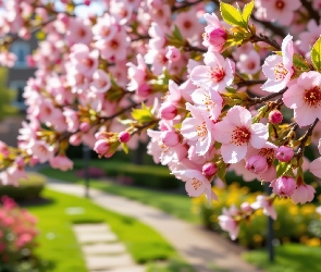 Alejka, Listki, Gałązki, Drzewo owocowe, Jasnoróżowe, Kwiaty