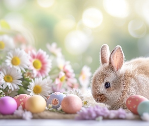 Grafika, Królik, Kolorowe, Wielkanoc, Pisanki, Kwiaty