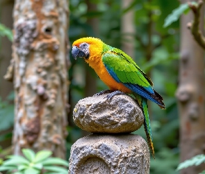 Las, Kamienie, Papuga, Zielono-żółta, Ara, Dwa