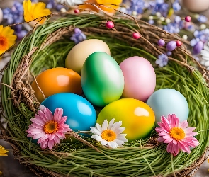 Kolorowe, Grafika AI, Gniazdko, Pisanki, Wielkanoc