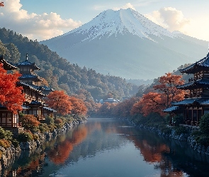 Grafika AI, Góra, Jezioro, Jesień, Drzewa, Domy