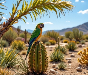 Papuga, Kamienie, Rośliny, Kaktus, Zielona