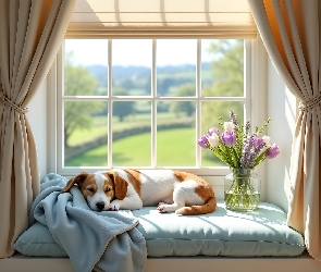 Pies, Kwiatów, Okno, Bukiet, Książki, Leżący, Grafika AI, Regał