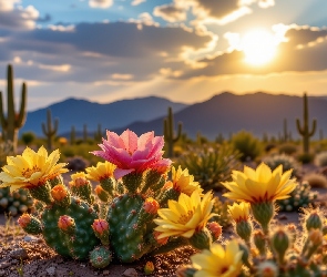 Kaktusy, Grafika AI, Niebo, Góry, Kwitnące