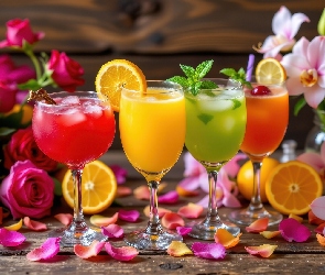 Płatki, Kwiaty, Drinki, Kolorowe, Kieliszki, Pomarańcze