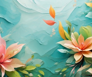 Niebieskie, Tło, 2D, Grafika, Kwiaty, Liście