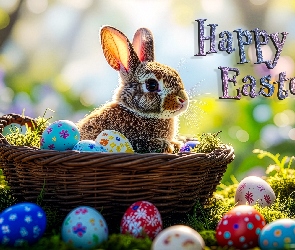 Wielkanoc, Napis, Mech, Happy Easter, Kwiaty, Pisanki, Koszyk, Królik, Kolorowe