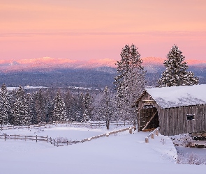 Stany Zjednoczone, Drzewa, Most, Góry, Foster Covered Bridge, Kryty, Vermont, Zima, Wschód słońca