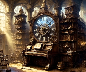 Fantasy, Wnętrze, Wehikuł czasu, Steampunk, Organy, Zegar