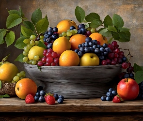 Grafika, Miska, Winogrona, Owoce, Jabłka, Truskawki