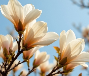 Niebo, Krzew, Białe, Magnolia, Kwiaty, Gałązki