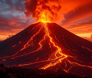 Grafika, Dym, Wulkan, Zachód słońca, Erupcja, Ogień