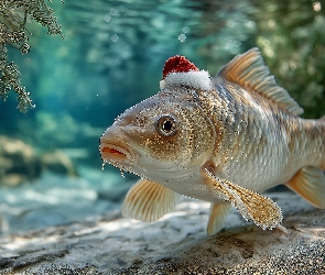 Ryba, Grafika AI, Mikołaja, Czapka, Karp