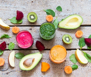 Jabłka, Buraki, Owoce, Smoothie, Marchewka, Kiwi, Warzywa, Szpinak, Awokado, Szklanki, Napoje