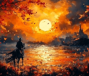 Domy, Liście, Koń, Jezioro, Drzewa, Zachód słońca, Jeździec